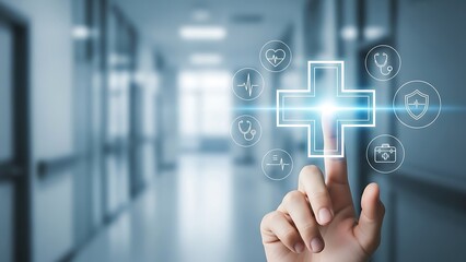 Finger touching a digital health icon with medical symbols in a hospital corridor