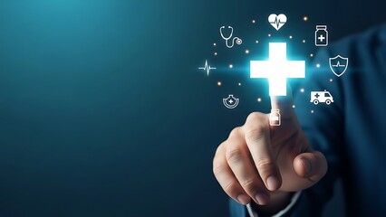 Finger touching a glowing cross with medical icons on a digital screen