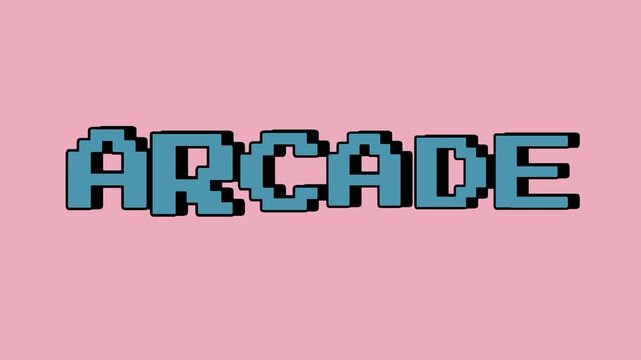 Arcade text animation in blue 8-bit pixel art style with black drop shadow on a soft pink background for retro gaming
