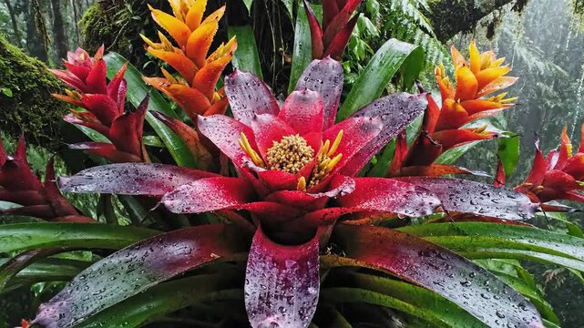 A stunning collection of vibrant tropical bromeliad flowers and foliage in a lush, verdant rainforest setting, showcasing natural beauty.