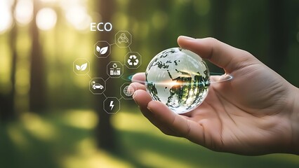 Hand holding a crystal globe with eco-friendly icons and forest background