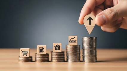 Hand placing cost marker on stack of coins with various icons