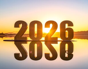 Golden "2026" floats on water, reflecting a beautiful sunrise over landscape