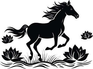 Fototapeta premium Silhouette Of A Horse Running Through A Field Of Lotus Flowers