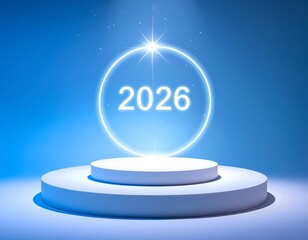 A round white stage with "2026" inside a glowing circle