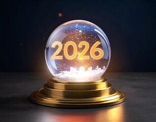 Golden snow globe with "2026" inside, set on a shiny gold base