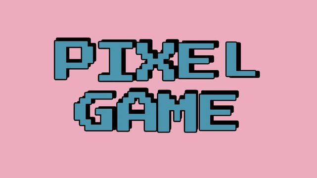 Pixel game text motion in blue 8-bit pixel art style with black drop shadow on a soft pink background for gaming