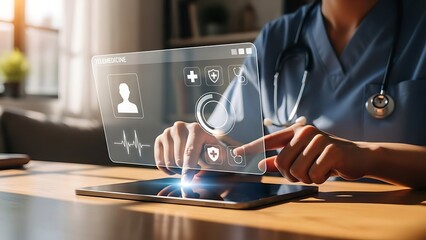 Medical professional using holographic interface for patient data management