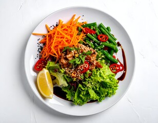 Colorful plate of healthy food with various vegetables & lemon