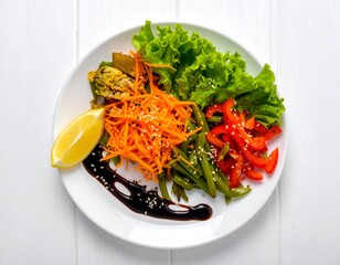 Healthy meal with colorful vegetables, greens, and lemon
