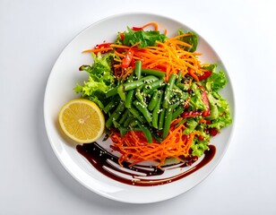 Colorful salad on white plate with lemon, green beans, and carrots
