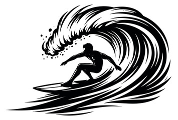 Black and white illustration of a surfer depicting riding a powerful ocean wave for summer water sports