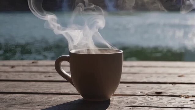 Hot coffee cup with rising steam on wooden table beside calm lake scenery. Seamless looping 4k video background