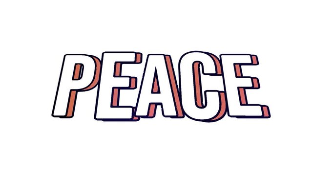 Peace text motion in white bold font with orange drop shadow effect on white background