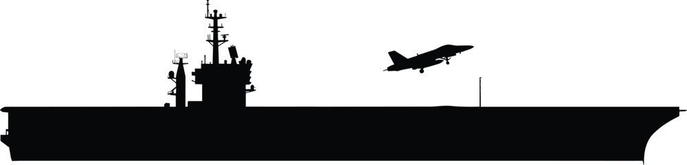Military aircraft carrier silhouette with fighter jet taking off isolated on white background naval aviation warfare defense security power