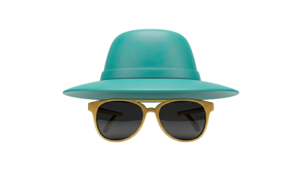 Teal Hat and Gold Sunglasses on White Background