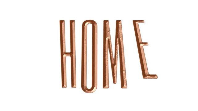 Home text animation rose gold metallic font with a tall thin profile on an isolated white background for real estate