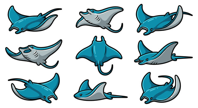 Manta Ray Vector Mascot Set Cool Blue Stingray Cartoon Character Sport Logo Badge Design Dynamic Swimming Ocean Animal Isolated Illustration Bundle for T-shirt and Emblem