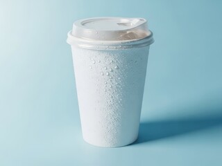 Close up of a white disposable coffee cup with a lid water drops on the surface on a soft blue background soft lighting