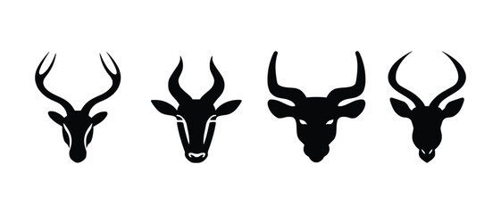 Stylized collection of black silhouette animal heads featuring diverse horns vector set