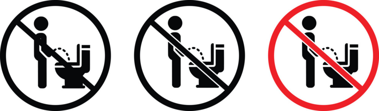 Toilet Signs, Labels, and Stickers. Prohibition Warnings. Sit on Toilet Seat, No Standing, No Peeing on Floor, No Smoking, No Spitting. Vector Illustrations