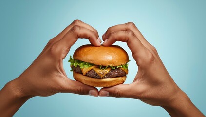 Woman hands holding a burger on a blue background. Two hands making heart sign with hamburger