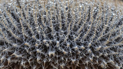 Close-up of numerous delicate water droplets forming an intricate pattern on a textured natural surface, sparkling in the light.