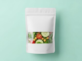 Mockup pouch filled with fresh salad featuring tomatoes cucumbers and chickpeas on a pastel teal background with clean modern lighting and textures
