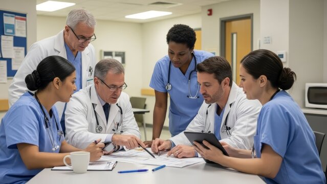 Diverse group of medical professionals collaborating in a hospital meeting room.