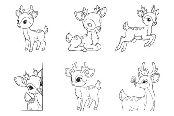 Fototapeta premium Deer realistic style coloring book, Se t of deer outline coloring page 