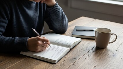 Person writing in a notebook at a wooden table with a cup of coffee.