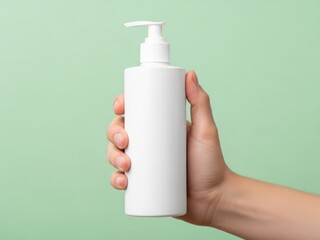 A hand holding white cosmetic bottle with pump dispenser against a soft pastel green background minimalist beauty concept