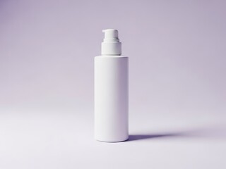 Minimalist white cosmetic pump bottle mockup against soft purple background with gentle lighting and soft shadows for product presentation