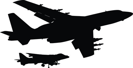 Military attack aircraft silhouette, with missiles and fighter jet isolated on white background combat aviation defense power concept illustration technology