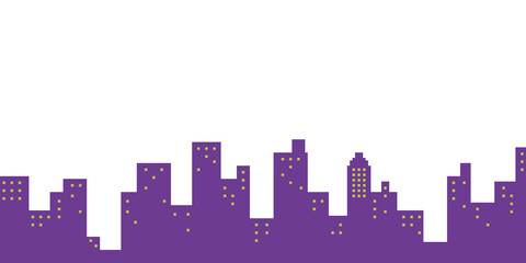 Obraz premium Pixel art purple city with buildings city scape panoramic and transparent background. can be used for wallpaper, template card, game asset, frame and background. Simple and cute card.