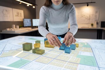 Woman arranging colorful city model blocks on illuminated map table in modern architectural office