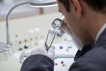 Professional gemologist examining a sparkling diamond with a loupe and tweezers in a jewelry workshop