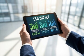 Businessman hands holding digital tablet showing ESG impact charts and sustainability graphs in office