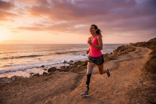Happy woman with prosthetic leg running on dirt path by ocean during sunset