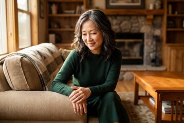 Obraz premium Mature asian woman sitting on a beige sofa in a cozy living room with a stone fireplace