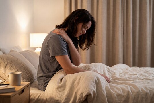 Exhausted young woman suffering from shoulder pain while sitting on bed in bedroom at night