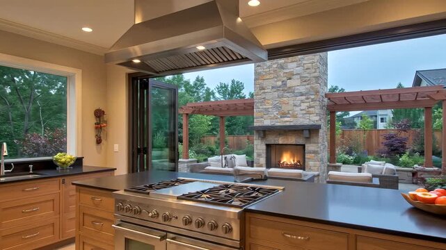 Modern Kitchen with Outdoor Fireplace and Garden View.