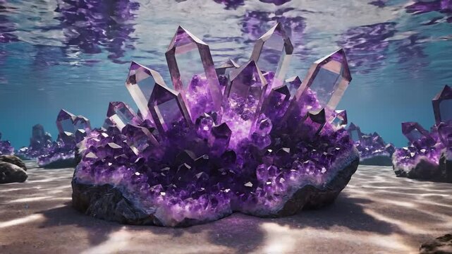Stunning amethyst crystal clusters bloom vibrantly underwater in a tranquil, sunlit lagoon, showcasing nature's geological artistry.