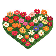 Heart Shaped Garden Vibrant Multicolored Flowers Blooming with Green Leaves and Pixel Art Style