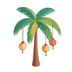 Pixel Art Palm Tree With Hanging Lanterns On White Background In Tropical Style