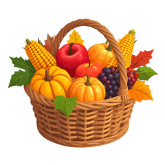 Harvest Basket Overflowing With Autumn Fruits Vegetables And Fall Leaves A Thanksgiving Celebration Scene