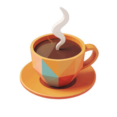 Orange faceted cup filled with dark hot beverage steaming gently on a matching saucer