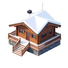 Cozy Wooden Cabin With Snow Covered Roof and Stone Foundation Entrance Stairs and Deck With Christmas Lights Illuminated Windows With Soft Warm Light Emitting From Inside on a White Background