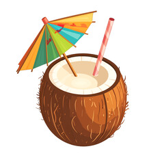 Pixel Art Coconut Drink With Colorful Umbrella and Pink Straw on White Background