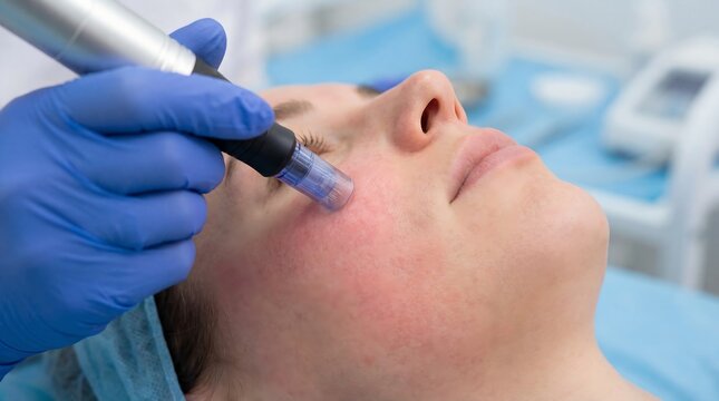 Cosmetologist performing a micro-needling facial treatment on a woman's cheek for skin rejuvenation
